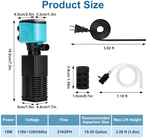 DaToo Aquarium Filter 15-35 Gallon Fish Tank Filter 210GPH Powerful Pump for Aquariums Adjustable Air Flow Submersible Internal Aquarium Filters for Pond Wavemaker Air Supply Freshwater and Saltwater - Image 2