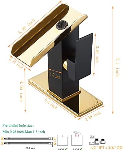 Bathroom Sink Faucet Black Gold 1 Hole Single Handle Waterfall Open Spout Bath Faucets Brass Sinks Lavatory Bath Vanity Faucets Basin Mixer Tap Supply Line Golden Hole Cover Plate - Image 3