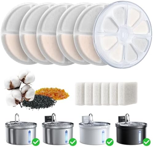6 Pack Cat Water Fountain Filter & 6 Pack Pump Filter Sponges Replacement for [FN-W08L] and [FN-W06] - 6 Filters+1 ABS Shell+6 Sponges by FEELNEEDY