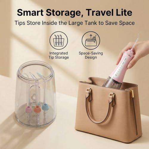 MOCEL Water Dental Flosser for Teeth - 350ML Large Tank 5 Modes & 6 Tips Cordless, Oral Irrigator Waterproof, Portable Teeth Cleaning and Flossing with Effective Plaque Remover for Adults (Pink) - Image 7