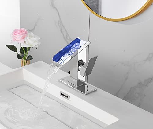 Chrome Bathroom Sink Faucet One Hole LED Waterfall Spout RGB 3 Colors Light Changing Lavatory Vanity Faucets Brass Single Handle Modern Washbasin Bath Tap Include Plates to Cover Holes Residential - Image 4