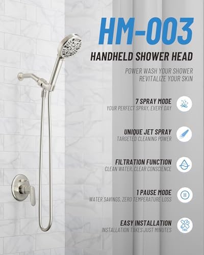 Filtered Handheld Shower Head for Hard Water, High Pressure Showerhead with 7 Spray Modes, Power Jet & Pause, Detachable & Adjustable for Healthier Skin & Hair - Brushed Nickel (VMASSTONE HM-003) - Image 2