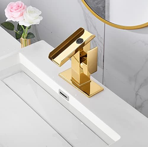 Gold Bathroom Faucets LED Waterfall Spout One Hole RGB 3 Colors Light Changing Lavatory Vanity Sink Faucet Brass Single Handle Modern Washbasin Bath Basin Tap Contemporary with Water Supply Lines - Image 5
