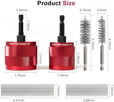 Copper Pipe Cleaner for Drill, Plumbing Tools Set 1/2" & 3/4" with 1/4" Hex Shank & 6 Brush Blades & 2 Pipe Brush, for Removing Rust, Stains & Paint from Copper & Metal Pipes, Red, Metal Cleaning Kit - Image 7