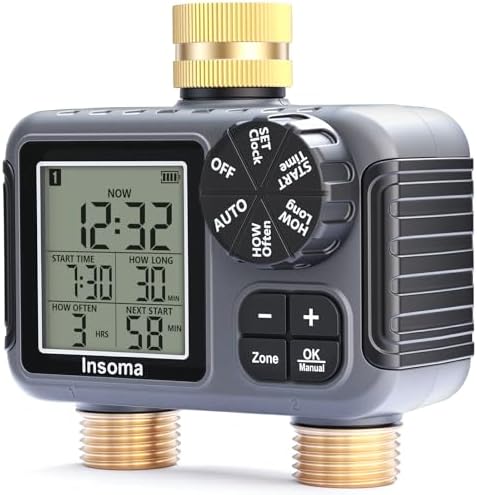 Insoma 2-Zone Sprinkler Timer with Brass Inlet & Outlet, Water Timer for Garden Hose with Auto/Manual/Rain Delay Mode, Big LCD Display, Easy Setup Hose Timers for Lawn, Garden, Vacation Watering by Insoma