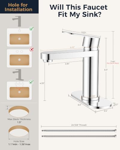 FORIOUS Bathroom Faucet 1 Hole, Single Handle Vanity Faucet Polished Chrome - Image 2