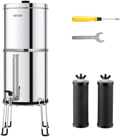 VEVOR Gravity-fed Water Filter System, 2.25G 304 Stainless-Steel Countertop System, Water Filtration System, Reduces Lead and up to 99% of Chlorine, with 2 Carbon Filters, Water Level Spigot, Stand by VEVOR