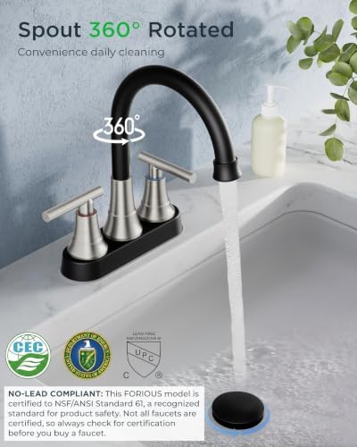 FORIOUS Black and Brushed Nickel Bathroom Faucet 4 Inch Centerset for RV - Image 4