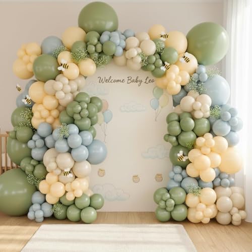184Pcs Classic Cartoon Balloon Garland Arch Kit - Classic Bear Theme Party Decorations with Blue Yellow Sage Green Sand White Balloons for Baby Shower Girl Boy Birthday Party Decorations - Image 3