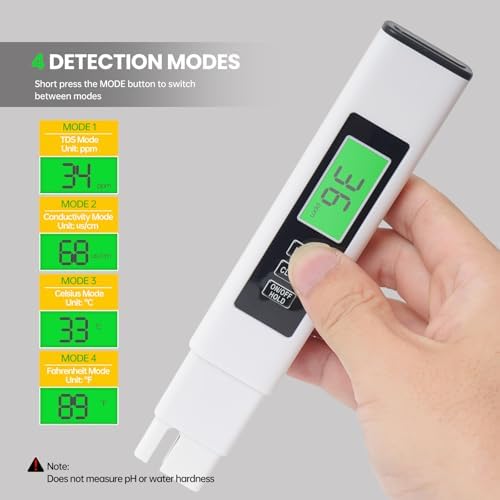 TDS Water Tester, 4 in 1 TDS Meter Digital Water Tester, Accurate and Reliable Digital TDS EC & Temp(°C,°F) Meter, 0-9990PPM Water Quality Tester for Drinking Water RO/DI System Aquarium White 6.1In - Image 3