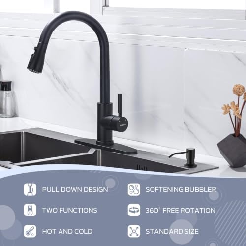 WEWE Kitchen Faucet with Soap Dispenser, 3-Mode Sprayer, Matte Black - Image 2