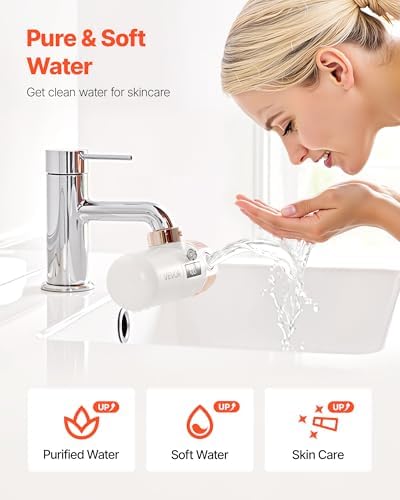 VEVOR Skincare Water Filter, Faucet Mount Water Filters with Micro-Nano Bubble for Skin, Sink Tap Purifier, Removes Chlorine with 1 Filter, for Kitchen and Bathroom Faucets, White + Gold - Image 2