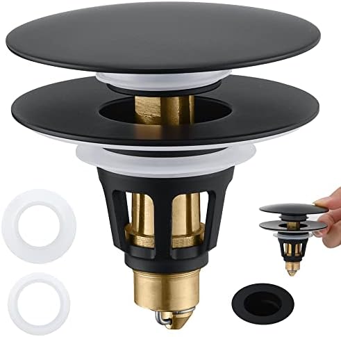 Universal Bathroom Sink Stopper - Pop Up Sink Drain Stopper, Push Button Flixfilter Sink Drain Stopper Replacement, Wash Basin Drain Filter Plug Anti-Clogging Basket, Matte Black by PerPaiMe