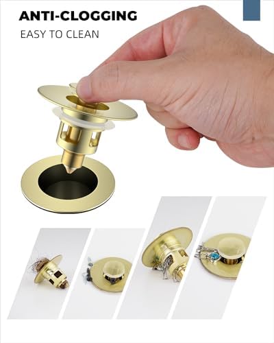 Hibbent 2 Pack All Metal Universal Bathroom Sink Stopper for 1.1''~2.3'' Basin, Pop Up Sink Drain Strainer, Brass Core Push Type Stopper, Stainless Steel Anti Clogging Drain Filter, Brushed Gold - Image 2