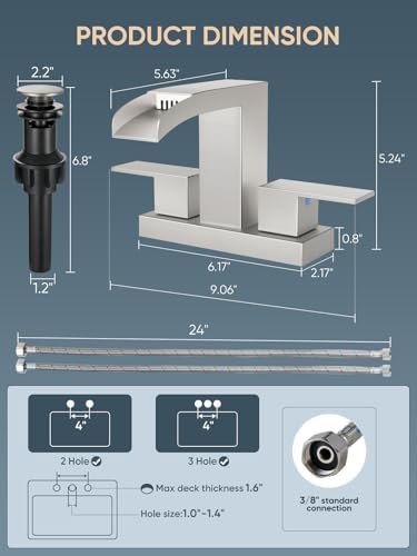 Cobbe Waterfall Bathroom Faucet, Brushed Nickel 4 Inch Centerset, 2 Pack - Image 7