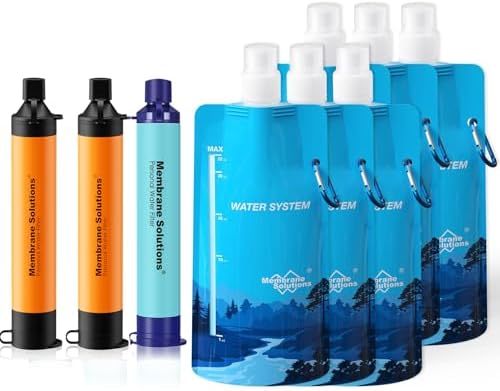 Membrane Solutions Squeezable Water Filtration System, Survival Water Purifier Kit, Portable Backpacking Gear Including Water Filter Straw and 23oz Collapsible Bottle for Hiking Camping Travel(3+6) by MembraneSolutions