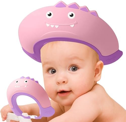 Thcbme Baby Shower Cap Shield, Shower Cap for Kids, Visor Hat for Eye and Ear Protection for 0-9 Years Old Children,Cute Dinosaur shape Makes the Baby Bath More Fun… (Pink) by Thcbme