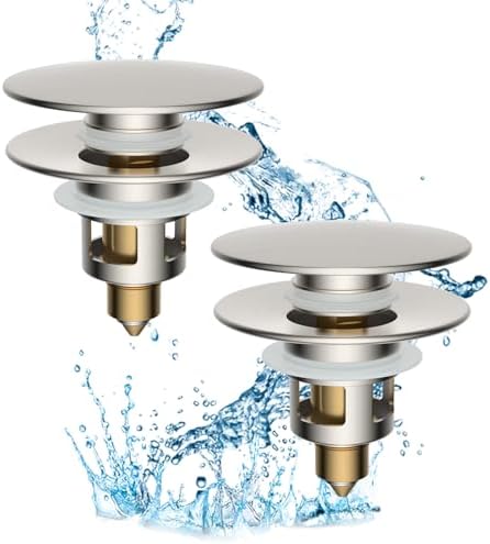 Hibbent 2 Pack All Metal Upgraded Bathroom Sink Stopper, Universal Pop Up Sink Drain Strainer, Brass Bullet Core Push Type Stopper for 1.1''~2.3''' Basin, Anti Clogging Drain Filter, Brushed Nickel by Hibbent