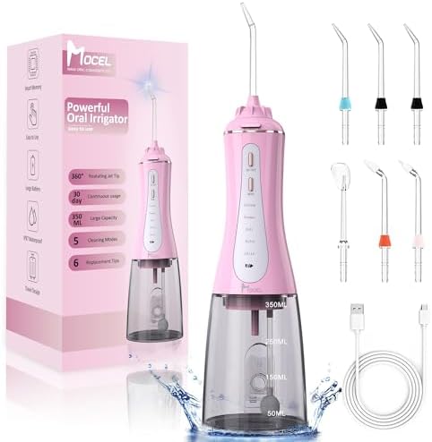 MOCEL Water Dental Flosser for Teeth - 350ML Large Tank 5 Modes & 6 Tips Cordless, Oral Irrigator Waterproof, Portable Teeth Cleaning and Flossing with Effective Plaque Remover for Adults (Pink) by MOCEL