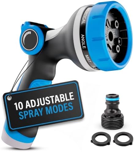 Garden Hose Nozzle, 10 Spray Patterns, Thumb Flow Control, Blue by VIKROM