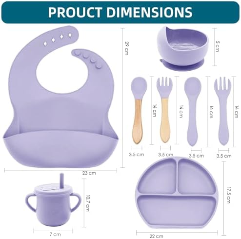 100% Silicone Baby Feeding Set,BPA Free Baby Dishes Set with Suction Bowl Divided Plate,Toddler Self Feeding Dish Set with Spoons Forks Sippy Cup and Bib, Baby Eating Utensils(Purple) - Image 2