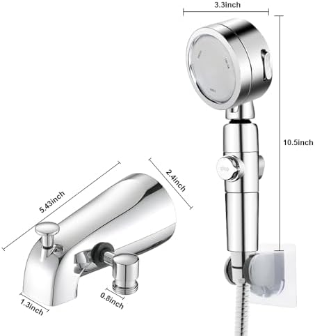 Chrome Tub Spout with Diverter slip fit 1/2 inch Copper Tube, High Pressure filtered Handheld Shower with 3 Spray Modes On/Off Switch, 59 inch hose, Bracket, No Drill Required Install - Image 2