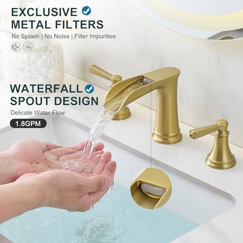 8 Inch Brushed Gold Bathroom Faucet 3 Hole, Brass Waterfall Bathroom Faucets Widespread 2 Handle with Pop up Drain & Pre-Installed cUPC Supply Lines for Vanity, 10 Mins Quick Installation - Image 2