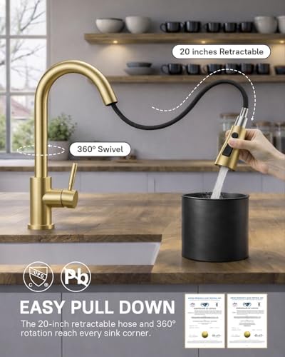 WEWE Pull-Down Kitchen Faucet, 3-Mode Sprayer, Gold, Fits Family - Image 3