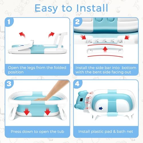 BUNWAG Baby Bathtub, Collapsible Newborn Bathtub for Infant to Toddler with Soft Cushion and Thermometer,Portable Travel Newborn Tub with No-Slip Feet, Baby Shower Gifts, 0-12 Months Baby Bath, Blue - Image 5