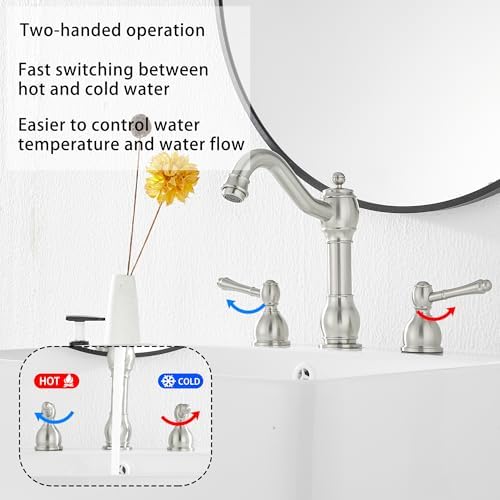 2 Handles 3 Holes Faucet Widespread Bathroom Sink Faucet Basin Tap Mixer Supply Hose Included Matching Pop Up Drain Brushed Nickel - Image 3
