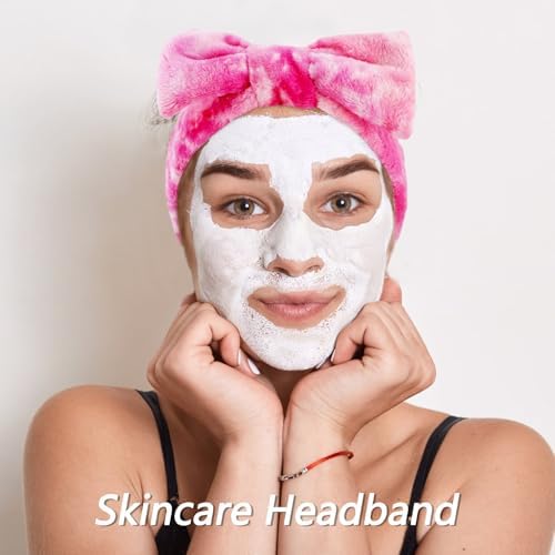 VELSCRUN Spa Headband, Makeup Face Wash Skincare Headbands, 6 Pcs Hot Pink Colorful Sponge Bow Tie Get Ready HairBand Facial Wristband Set, Stuff for Teen Girls Women Trendy Fashion Hair Accessories - Image 4