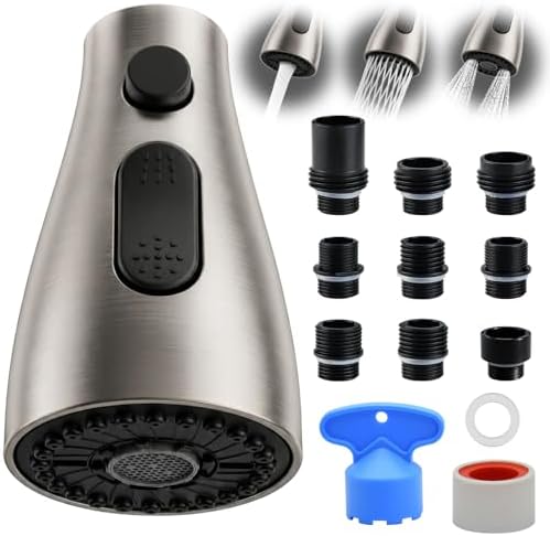 Kitchen Faucet Head Replacement, 3-Function Pull Down Spray Head with 9 Adapters, Sink Faucet Spray Head Compatible with Moen, Delta, American Standard Faucet, etc, Brushed Nickel by Unknown