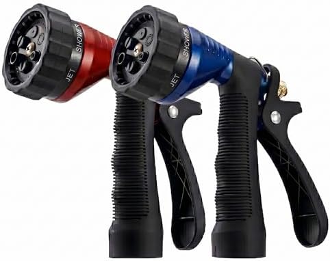 GREEN MOUNT Water Hose Nozzle 2-Pack, Zinc Alloy Garden Spray Nozzle with Adjustable Spray Patterns, Leakproof Rustproof Trigger Lock for Outdoor Cleaning & Car Wash, Blue & Red by GREENMOUNT