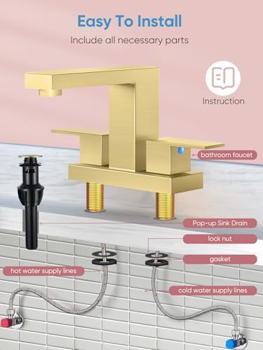 Cobbe Bathroom Faucets for Sink 3 Hole, Brushed Gold Bathroom Sink Faucet Square 4 Inch Centerset with Pop-Up Drain, 2 Handle and 2 Supply Hoses, Lead-Free Stainless Steel for Vanity, Rv, Farmhouse - Image 5