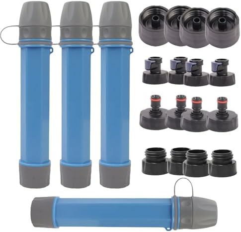 4 Pack Survival Water Filter Straw for Hiking & Camping, 2025 Personal Portable Water Purifier, 3000L Long Life, Includes Bottle & Hydration Bladder Adapters (4, Sky Blue, 3x3x19.3cm) by Unknown