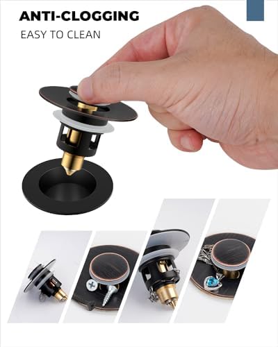 Hibbent All Metal Universal Bathroom Sink Stopper for 1.1''~2.3'' Basin, Pop Up Sink Drain Strainer, Brass Bullet Core Push Type Stopper, Stainless Steel Anti Clogging Drain Filter, Oil-Rubbed Bronze - Image 2