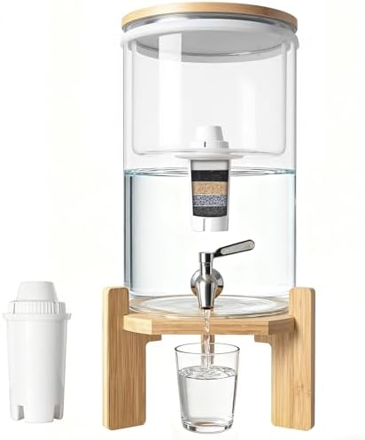water filter dispenser Countertop water purifier System 2.1 Gallon Glass water filter with Wooden Stand and 1 Filters for Home and Office by BORVSOT
