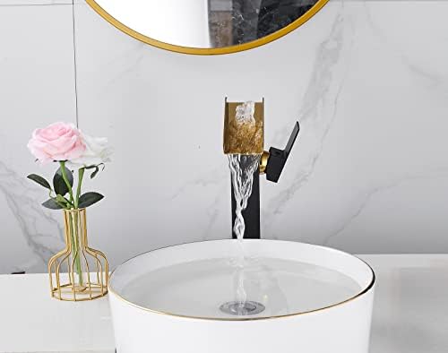 Bathroom Vessel Sink Faucet Black Gold Tall Spout Brass Waterfall Single Handle One Hole Bathroom Faucets Vanity Lavatory Bowl Sink Commercial Basin Water Supply Line Above Counter - Image 4