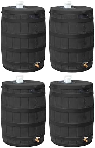 Good Ideas Rain Wizard 50 Gallon Plastic Outdoor Home Rain Barrel Water Storage Collector with Brass Spigot and Flat Back Design, Black (4 Pack) by GoodIdeas