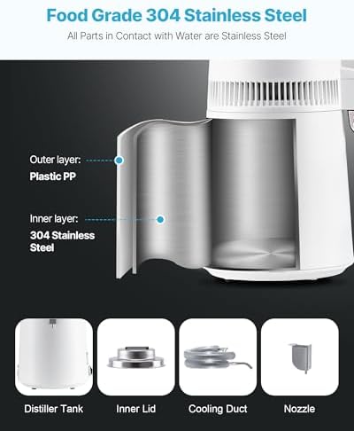 VEVOR Water Distiller, 6L/1.6 Gallon Large Distilled Machine, 900W Distilling Water Maker, 304 Stainless Steel Interior Stiller with Plastic Container, Countertop Distiller for Home, White - Image 4