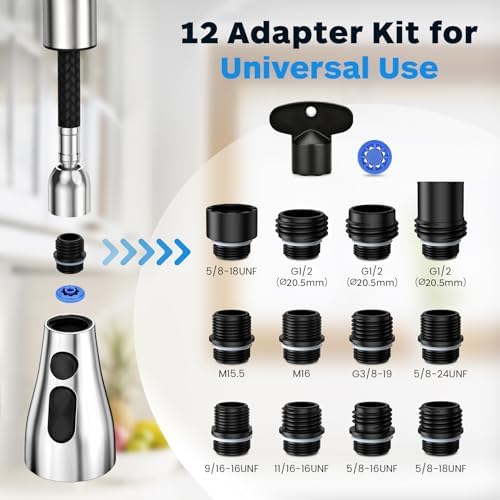Kitchen Faucet Head Replacement 3 Modes with 12 Adapters, Pull Down Spray Head for Kitchen Faucet, Kitchen Sink Faucet Head G 1/2, Sprayer Head Replacement, Chrome - Image 5