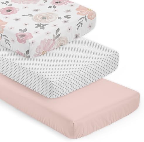 Sweet Jojo Designs 3-Piece Baby Crib Sheets Set (Pink Boho Floral) for Girls, Infant Nursery, Toddler Room - Fitted, Standard Size (Solid Blush, White & Grey Polka Dots & Bohemian, Shabby Chic, Rose) by SweetJojoDesigns