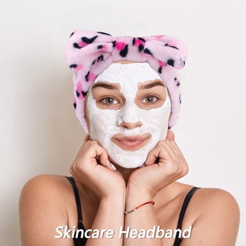 VELSCRUN 6 Pack Spa Headband, Makeup Headband, Face Wash Headbands, Skincare Headbands, Pink Leopard Sponge Hair Band Bow Tie Spa Head Band for Washing Face Wristband Set Hair Accessories for Women - Image 4