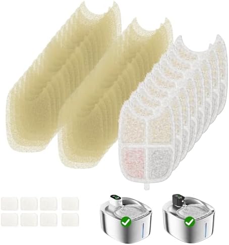 Wireless Cat Water Fountain Filter, 8 Pack Filters with 32 Pre-Filter Sponge for Cat Fountain Stainless Steel 135 fl oz, 6 Layer Replacement Filters for Pet Fountain Battery Operated by APDAPETDOLA