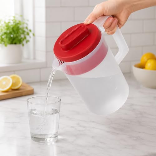 FALAH 2Quart Plastic Pitcher with Lid, Clear Body with Red Lid, Large Water & Juice Pitcher for Refrigerator, Cold Drink Mixing, Kitchen Beverage Storage - Image 4