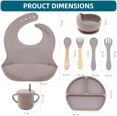 100% Silicone Baby Feeding Set, BPA Free, 9 Pcs: Suction Bowl, Divided Plate, Toddler Self Feeding Dish Set with Spoons, Forks, Sippy Cup, Bib, Beige - Image 2