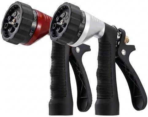 GREEN MOUNT Water Hose Nozzle 2-Pack, Zinc Alloy Garden Spray Nozzle with Adjustable Spray Patterns, Leakproof Rustproof Trigger Lock for Outdoor Cleaning & Car Wash, Silver & Red by GREENMOUNT