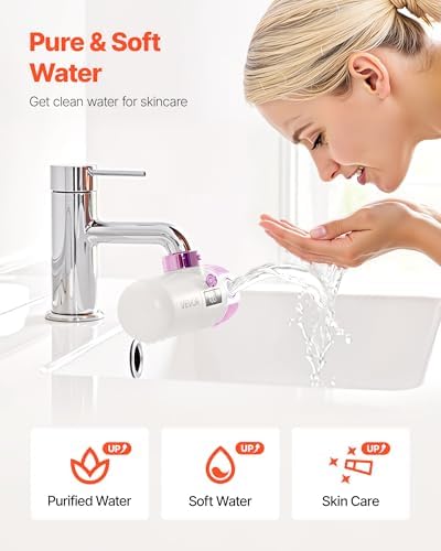 VEVOR Skincare Water Filter, Faucet Mount Water Filters with Micro-Nano Bubble for Skin, Sink Tap Purifier, Removes Chlorine with 1 Filter, for Kitchen and Bathroom Faucets, Pink + Gold - Image 2