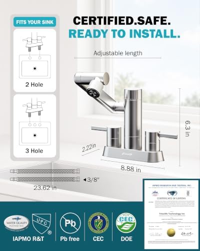 Frizzlife MF1080-D 4 Inch Centerset Bathroom Sink Faucet and Kitchen Sink Faucet with Carbon Block Water Filter, NSF/ANSI 372 Certified, 1080° Rotatable, 2-Handle, Stream/Spray, 304 Stainless Steel - Image 2