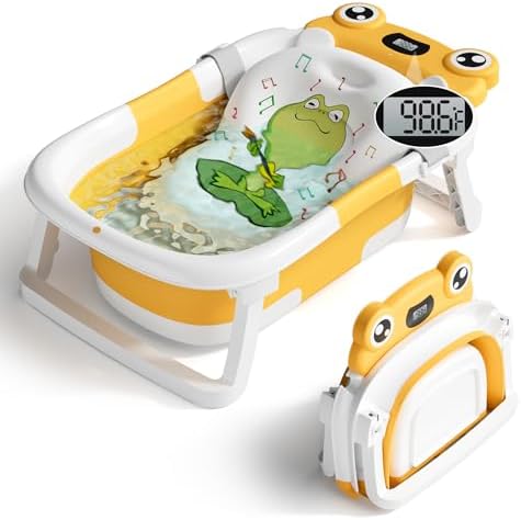 BUNWAG Baby Bathtub, Collapsible Newborn Bathtub for Infant to Toddler with Soft Cushion and Thermometer,Portable Travel Newborn Tub with No-Slip Feet, Baby Shower Gifts, 0-12 Months Baby Bath, Yellow by BUNWAG
